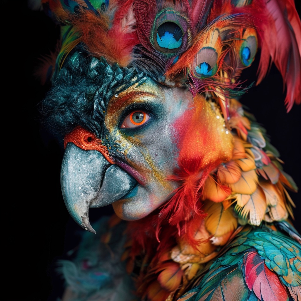 Close-up portrait of a person with elaborate bird-themed makeup and costume, featuring vibrant colors and textures. The face is painted with a beak-like nose and feather details, blending bright hues of red, blue, yellow, and green. The headdress is adorned with peacock feathers, creating a vivid and fantastical appearance.