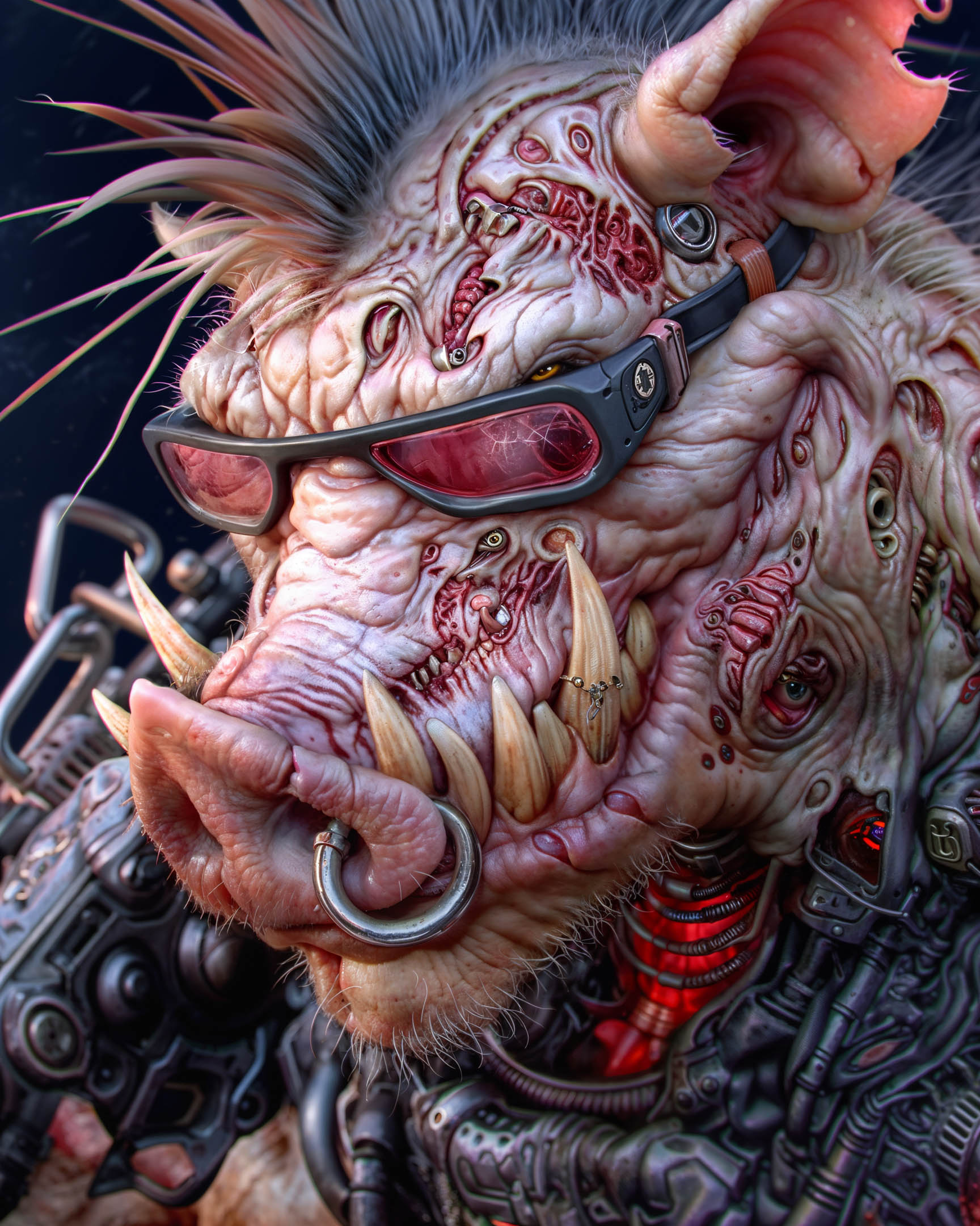 Close-up of a grotesque anthropomorphic boar with cybernetic implants, adorned with red-tinted glasses and intricate body modifications.