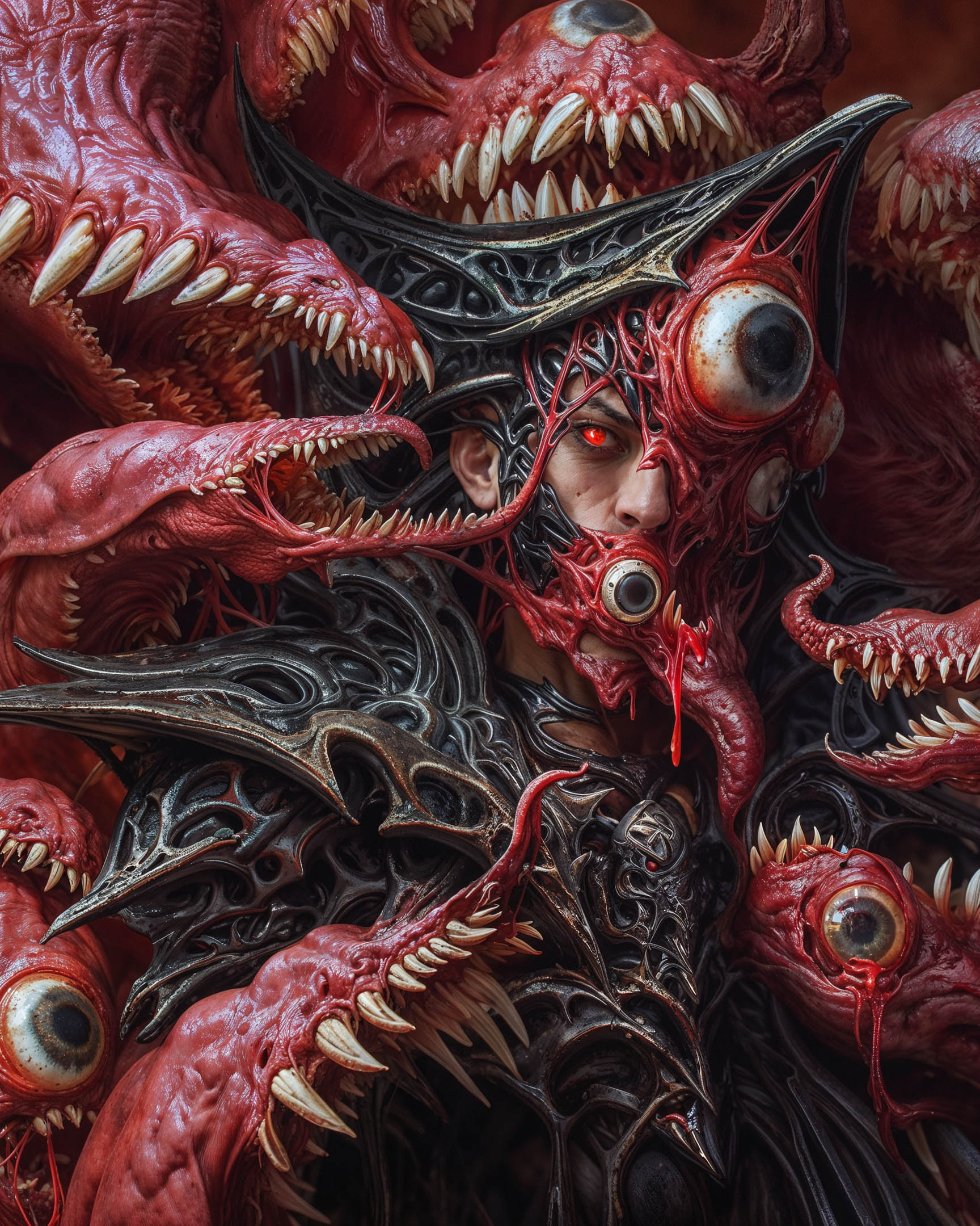 Portrait of a surreal humanoid figure, surrounded by red tendrils and monstrous mouths, with a black-and-red mechanical aesthetic.