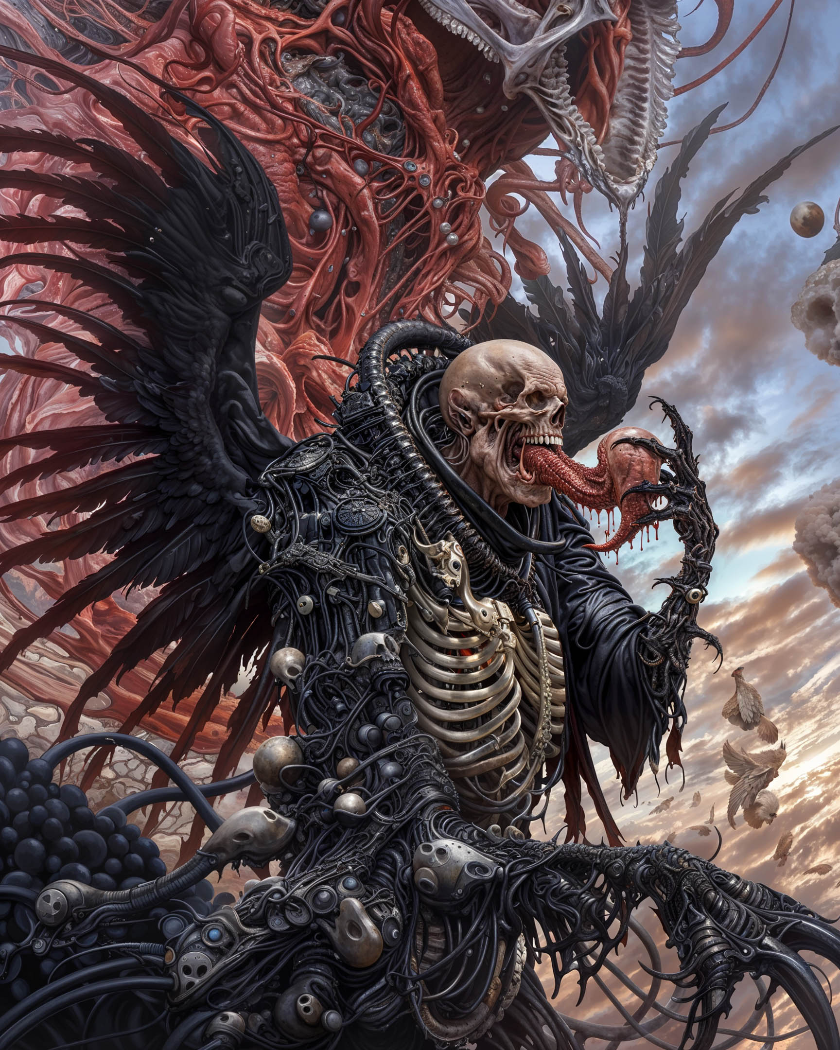 Skeleton-like figure in dark armor, enshrouded in organic and mechanical elements, with a surreal red-and-black backdrop.