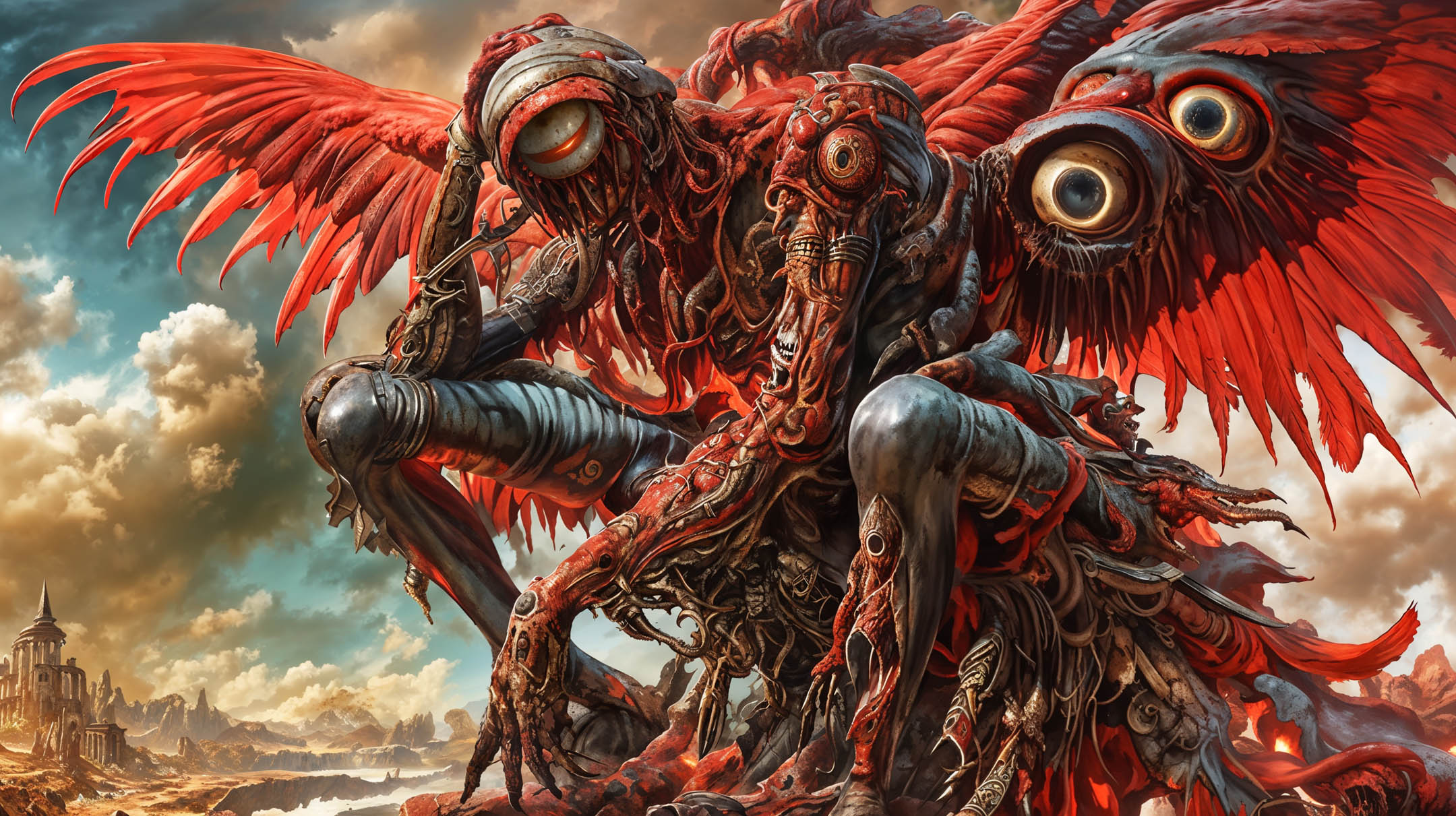 Two grotesque, humanoid bird-like creatures with bright red wings, set against a dystopian desert landscape with towering structures.