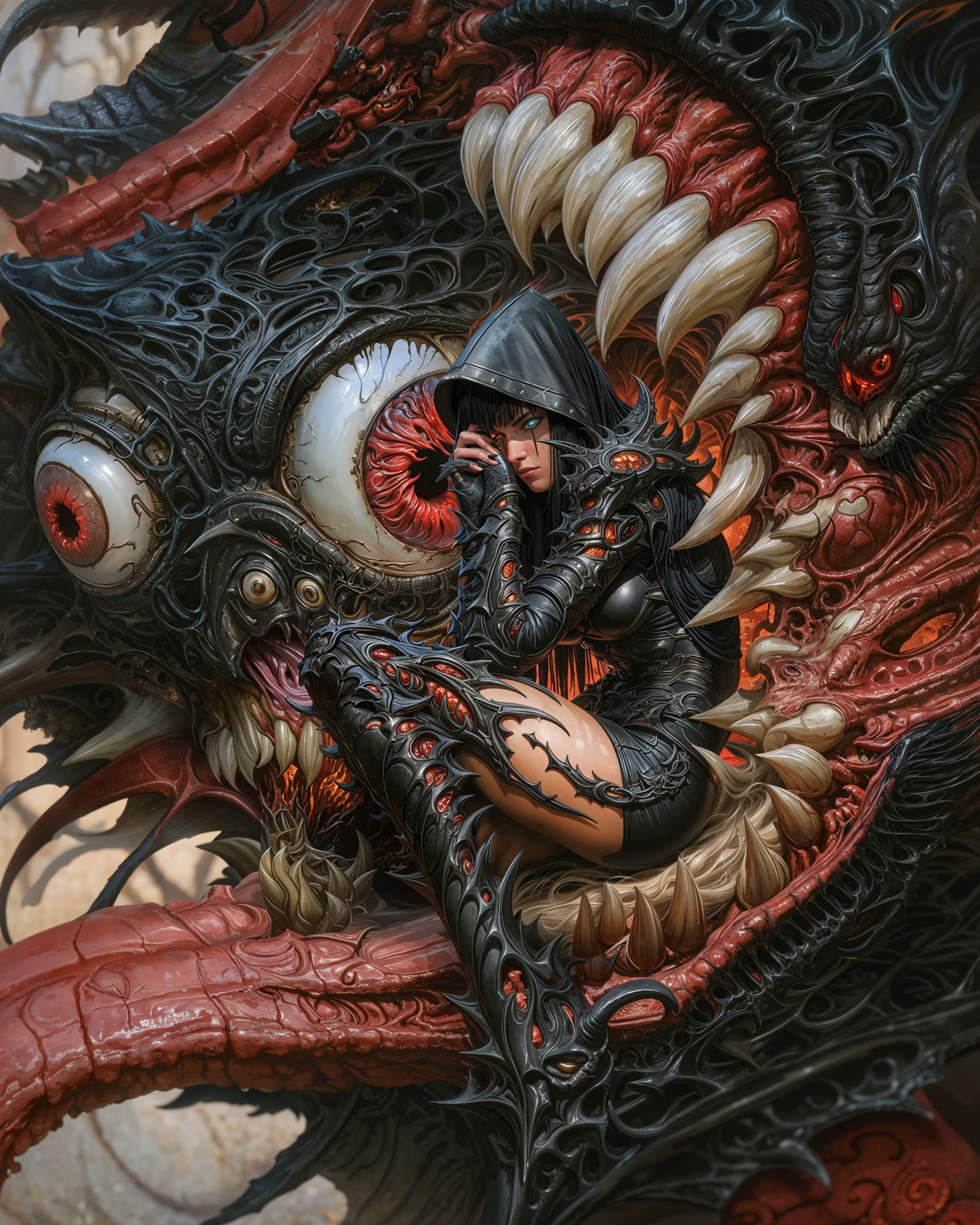 Female figure in gothic armor sitting within the jaws of a monstrous, eye-covered creature, blending dark fantasy and horror elements.