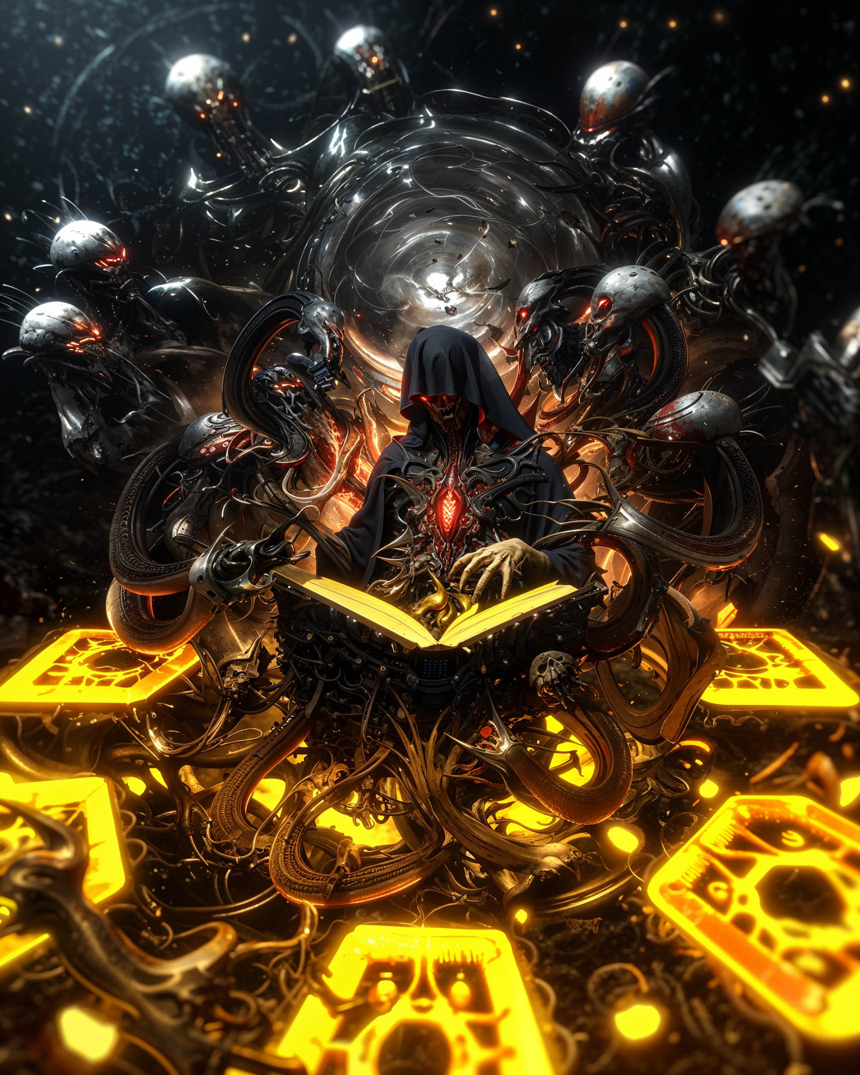 Hooded figure surrounded by biomechanical creatures, reading an illuminated book with glowing yellow symbols in a dark, futuristic setting.