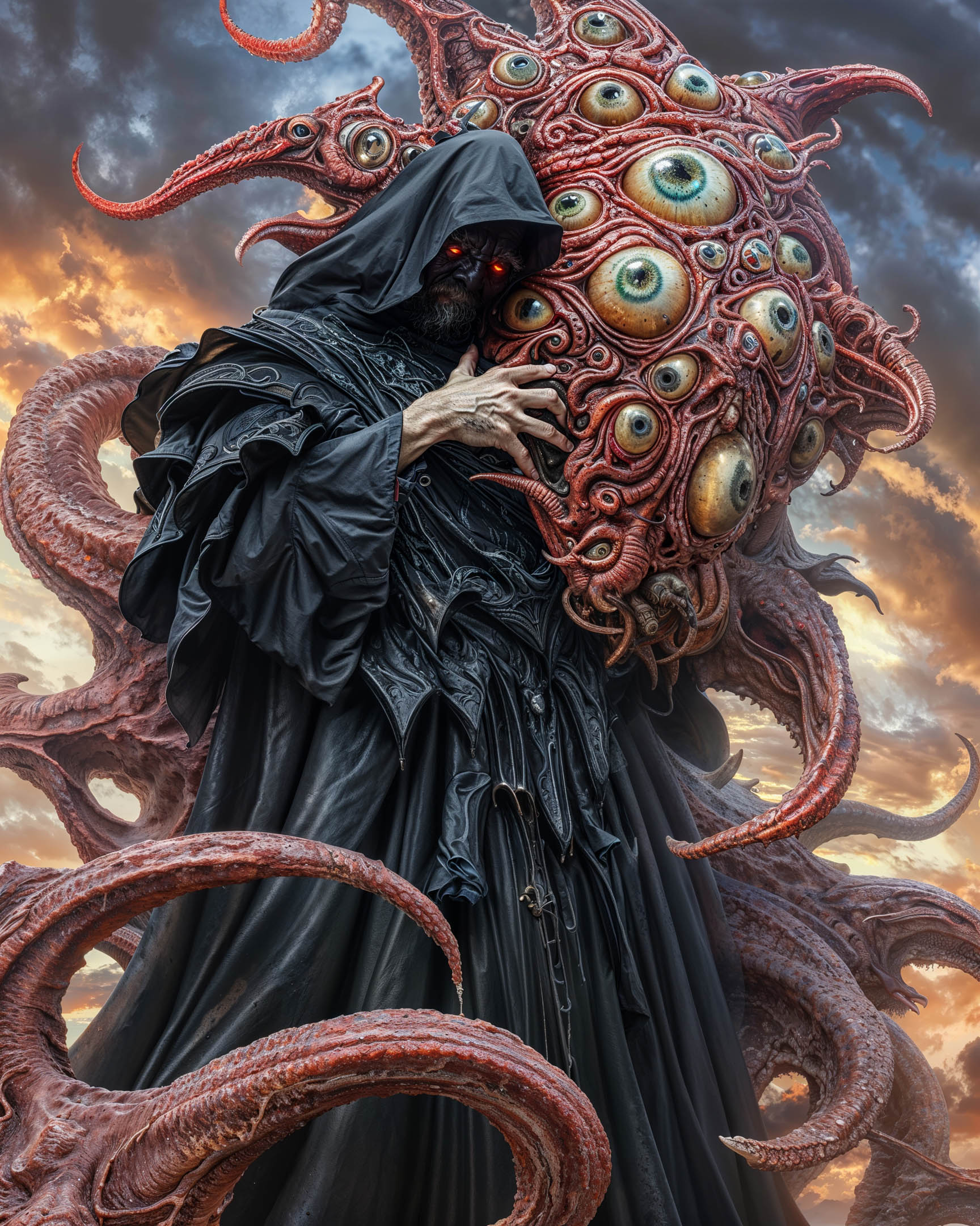 Dark-robed figure holding a massive red, tentacled creature covered in eyes, set against a dramatic sky filled with ominous clouds.