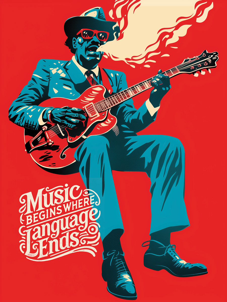 A vibrant, stylized poster featuring a blues musician dressed in a suit and hat, playing an electric guitar. The illustration is rendered in bold blues, reds, and yellows, with swirling smoke emanating from the musician's mouth. Below the figure, ornate typography reads, 'Music begins where language ends,' emphasizing the expressive power of music. The overall design captures a retro, dynamic feel that celebrates the energy and emotion of blues music.