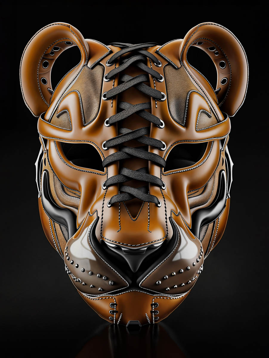 A stylized animal face mask resembling a sneaker, designed with brown leather, black laces, and metallic studs, featuring intricate stitching and ear-like protrusions.