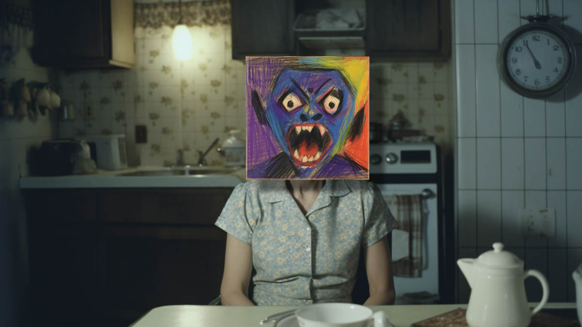 A seated woman in a dimly lit kitchen with a colorful, expressive child’s drawing of a monster over her face.