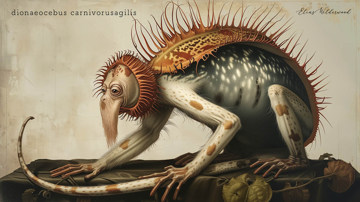 A surreal depiction of an imaginary creature labeled 'dionaeocebus carnivorusagilis,' with features resembling a monkey and a spiny reptile.