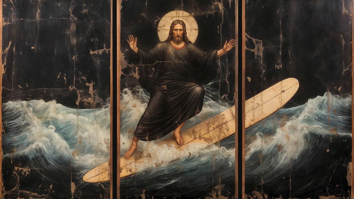 A painting of Jesus standing on a surfboard, riding waves, with a halo around his head, set in a triptych style.