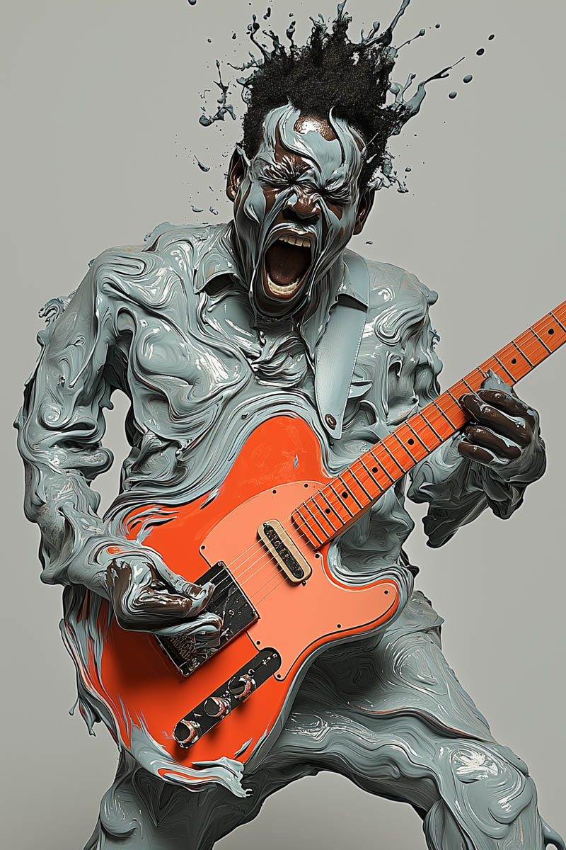 A man passionately playing an electric guitar, seemingly covered in liquid, giving a surreal, fluid appearance to his form.