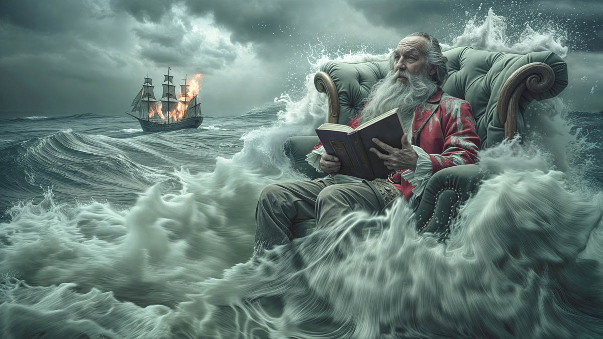 An elderly man sitting on an armchair in the middle of turbulent ocean waves, reading a book while a ship in the distance is on fire.