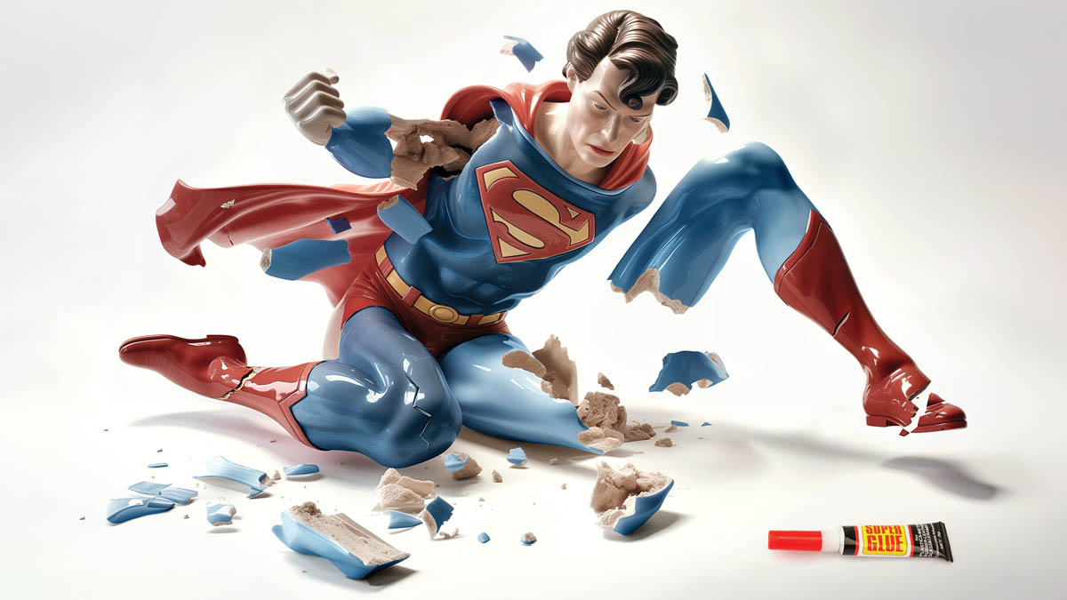 A figurine of Superman broken into pieces, with a tube of glue lying nearby, as though attempting to piece him back together.