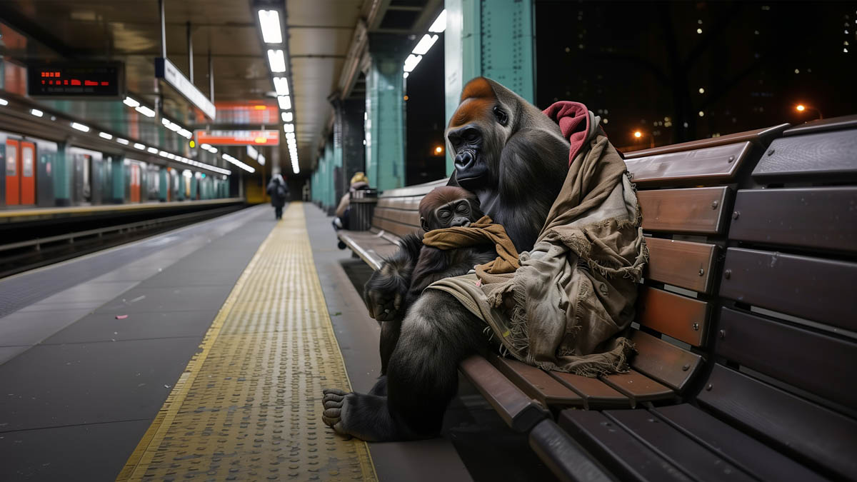 A gorilla mother with her baby, both wrapped in blankets, sitting on a bench at a subway platform at night.