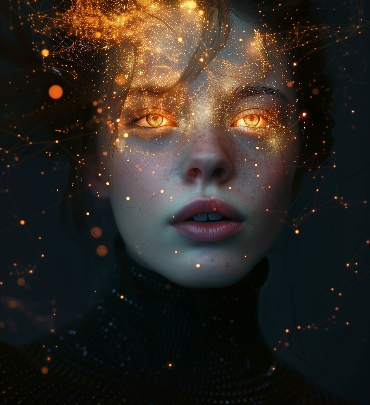 Portrait of a young woman with intense, glowing golden eyes, surrounded by a network of luminous orange and gold particles. Her face is partially illuminated by these floating lights, creating an ethereal and futuristic atmosphere against a dark background. The image exudes a sense of mystery and energy.