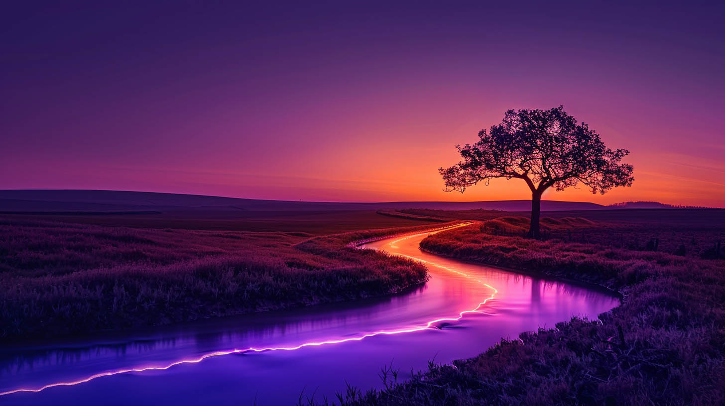 A serene landscape at sunset with a vibrant purple and orange gradient sky. A single tree stands beside a winding river illuminated with a glowing, neon-like light along its path, creating a surreal and magical atmosphere. The combination of warm and cool tones enhances the scene’s dreamlike quality, blending nature with a touch of fantasy.