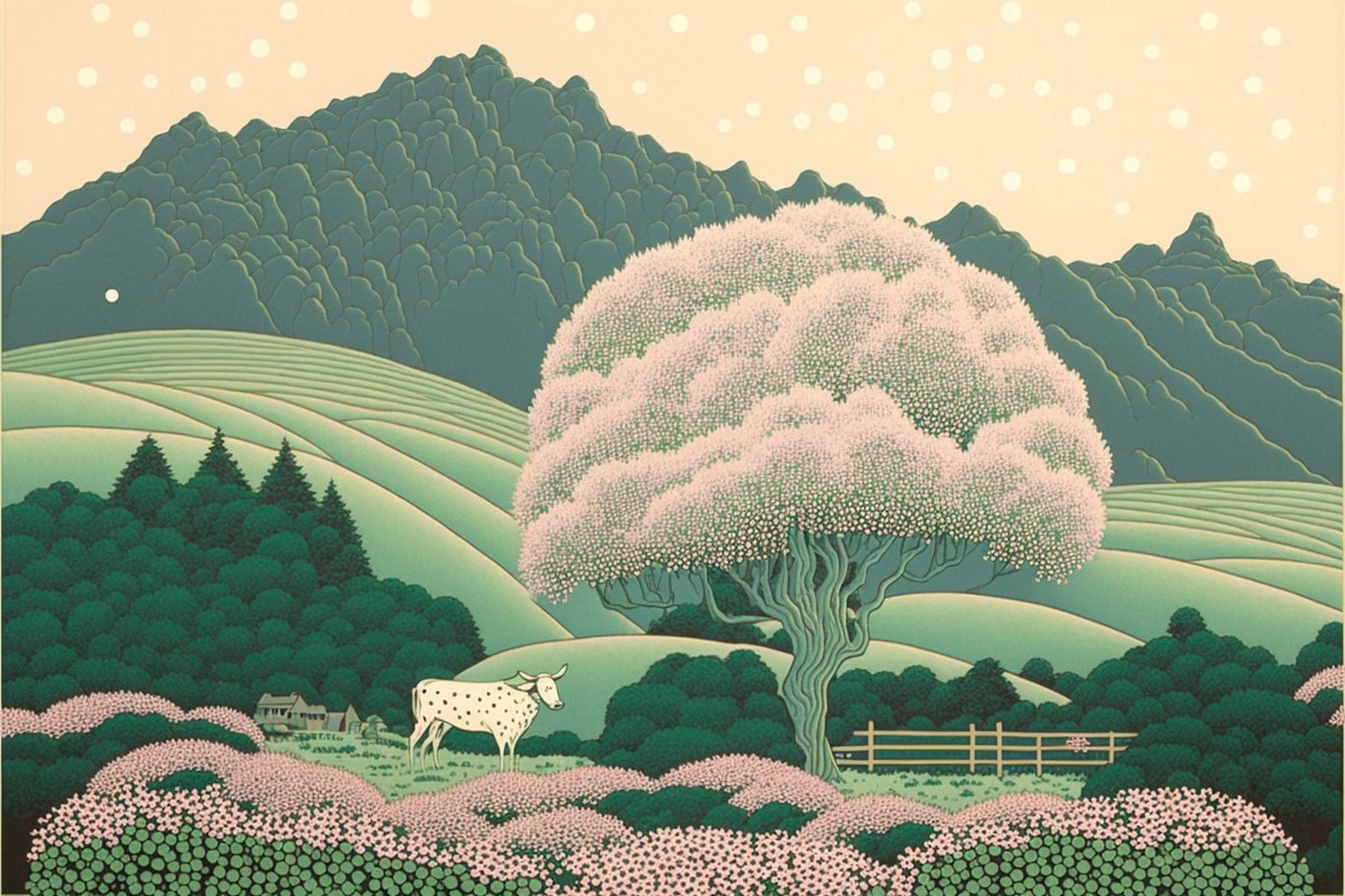 Serene, stylized landscape featuring a large blooming tree with soft pink foliage, surrounded by rolling green hills and dense forests. A white, dotted cow stands peacefully nearby, adding to the idyllic scene. In the background, a mountain range under a soft, pastel sky with scattered circular patterns creates a harmonious blend of traditional Japanese and modern art styles.