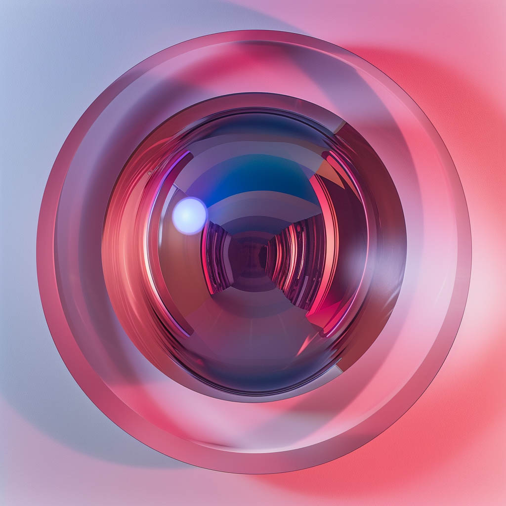 Abstract artwork featuring a glossy, spherical object with concentric circular layers in shades of pink, red, and purple. The reflective surface creates a sense of depth and symmetry, with light and shadow playing across the smooth curves. The design has a futuristic, lens-like quality, evoking a sense of technological sophistication.