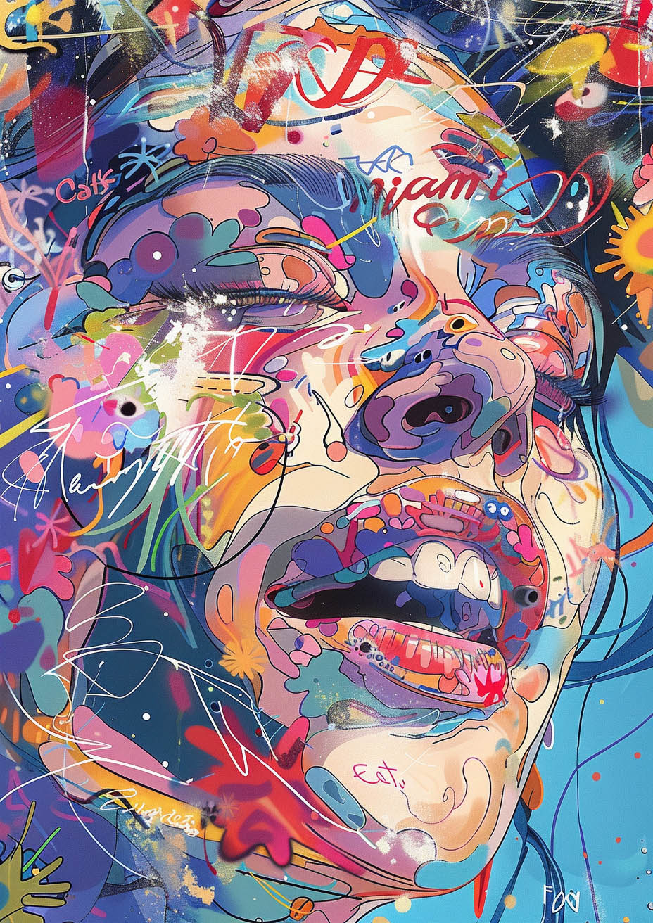 Vibrant and abstract digital artwork of a woman's face in expressive euphoria, covered with colorful patterns, swirls, and graffiti-like elements. The piece features dynamic strokes, bright colors, and chaotic shapes, creating a sense of intense joy and artistic freedom. Various textures and symbols overlay her face, adding depth and movement to the composition.