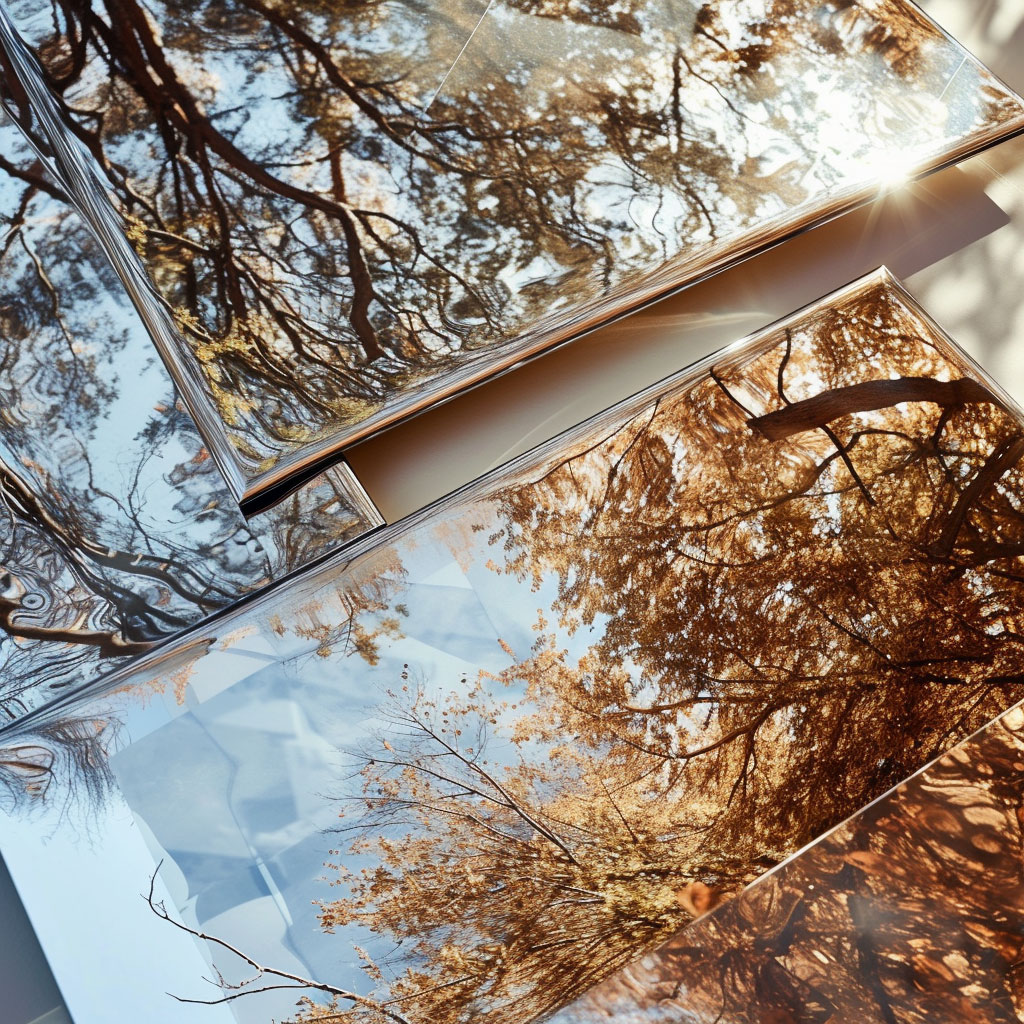 Editorial concept photograph showing open photo books with reflective pages, each displaying images of tree branches with autumn and winter foliage. The warm sunlight creates a natural, shimmering effect across the pages, adding depth and texture. The scene captures a nostalgic, seasonal theme, blending art and nature in a delicate composition.