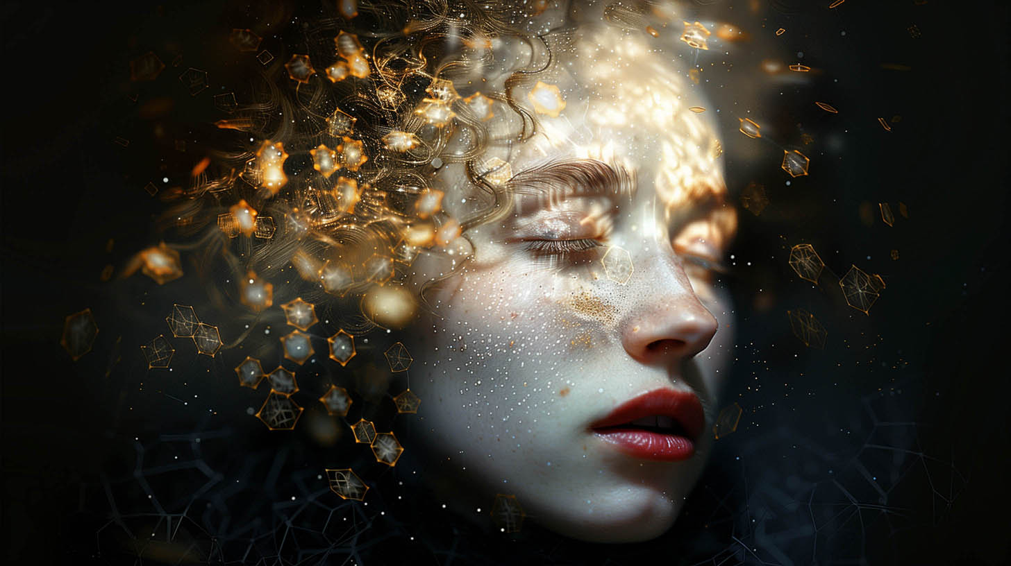 Side profile of a woman's face with closed eyes, illuminated by a warm, ethereal glow surrounded by abstract golden particles and geometric shapes. Her skin is speckled with light spots, creating a dreamlike, celestial effect. The image blends elements of fantasy and digital art, highlighting an atmosphere of quiet introspection and mystical energy.