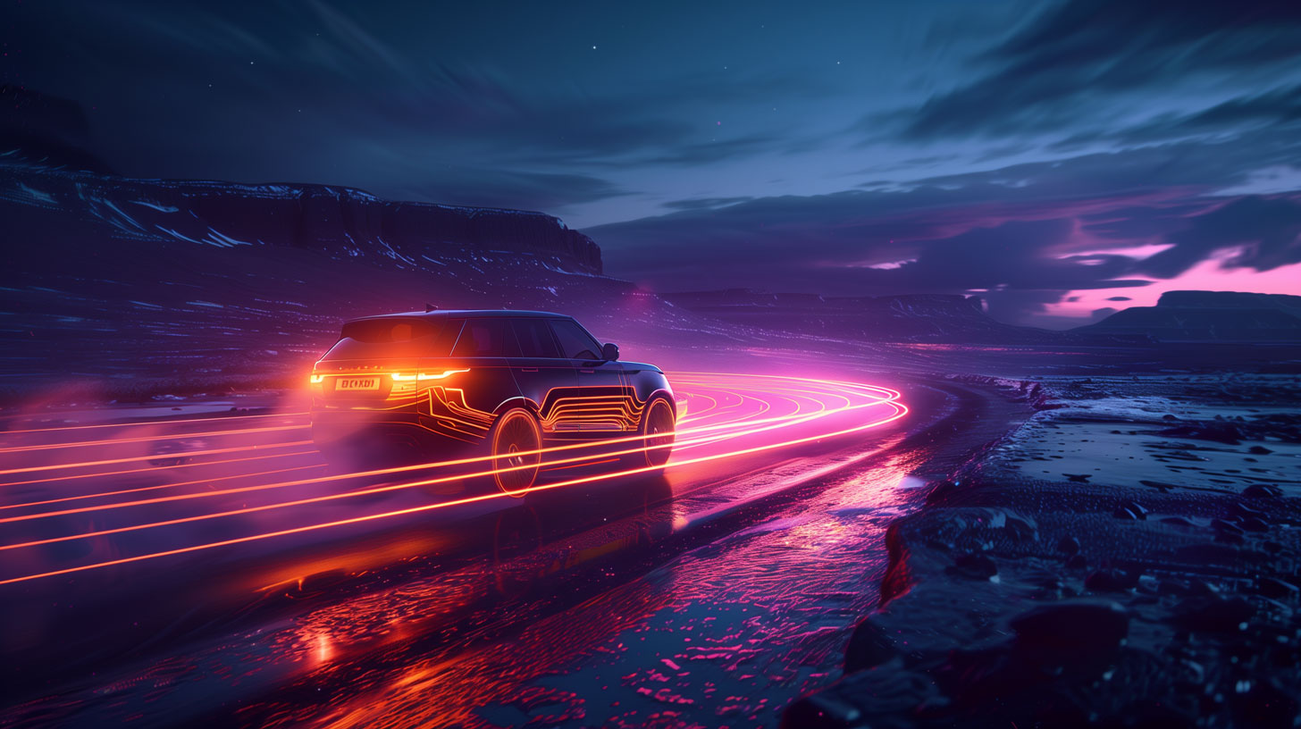 Futuristic SUV driving on a wet road at dusk, leaving behind neon light trails in shades of pink and orange. The illuminated lines curve gracefully with the vehicle’s movement, enhancing the sense of speed and dynamism. The landscape is a dark, expansive terrain under a dramatic evening sky with deep blues and purples, creating a cinematic, sci-fi atmosphere.