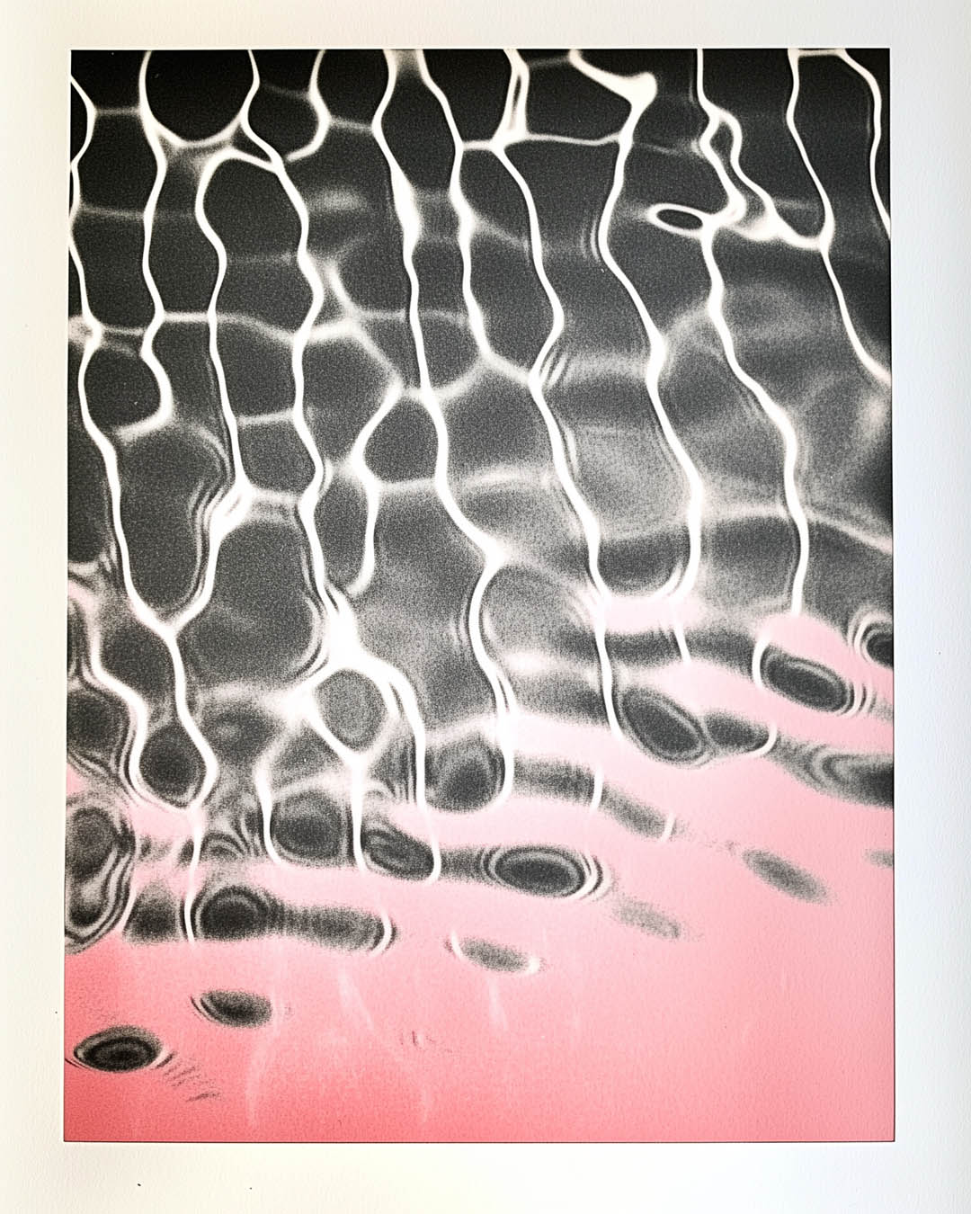 Abstract rippling water pattern with a soft pink gradient blending into gray, resembling light reflections on a surface.