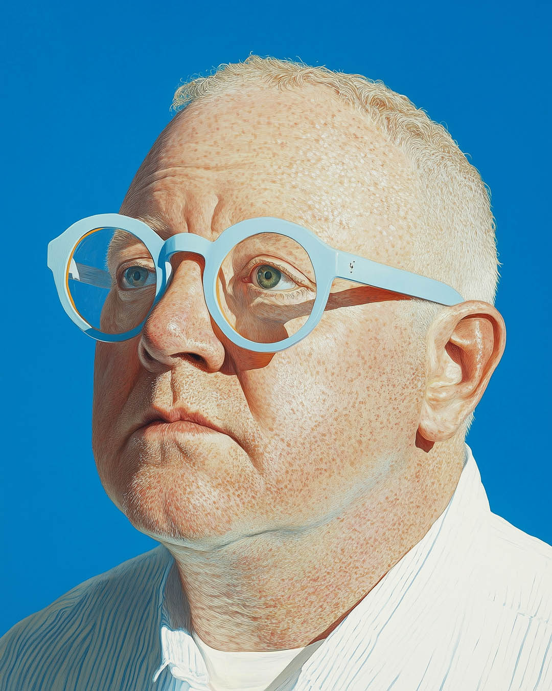 Photorealistic portrait of a man with pale skin and round glasses, gazing upwards against a bright blue background.