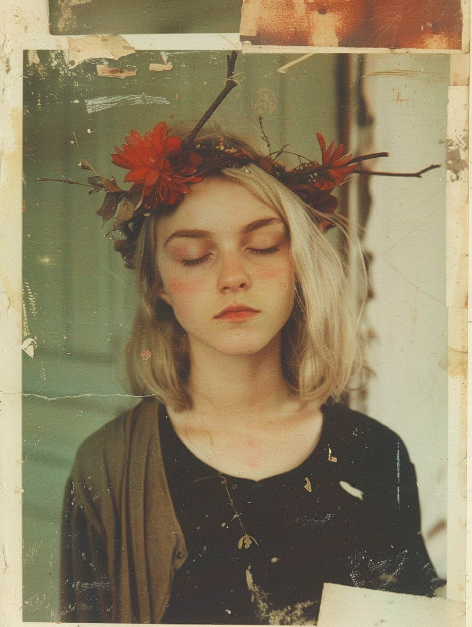A nostalgic portrait of a young woman with closed eyes, wearing a crown made of twigs and red flowers. The photo has a distressed, vintage feel, with visible scratches and faded colors.