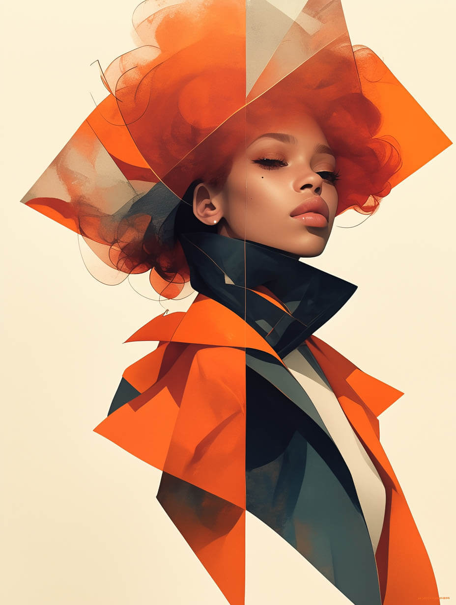 An artistic illustration of a woman with an exaggerated, geometric orange hat and modern outfit. The portrait is abstract and fashionable, with bold shapes and contrasting colors.