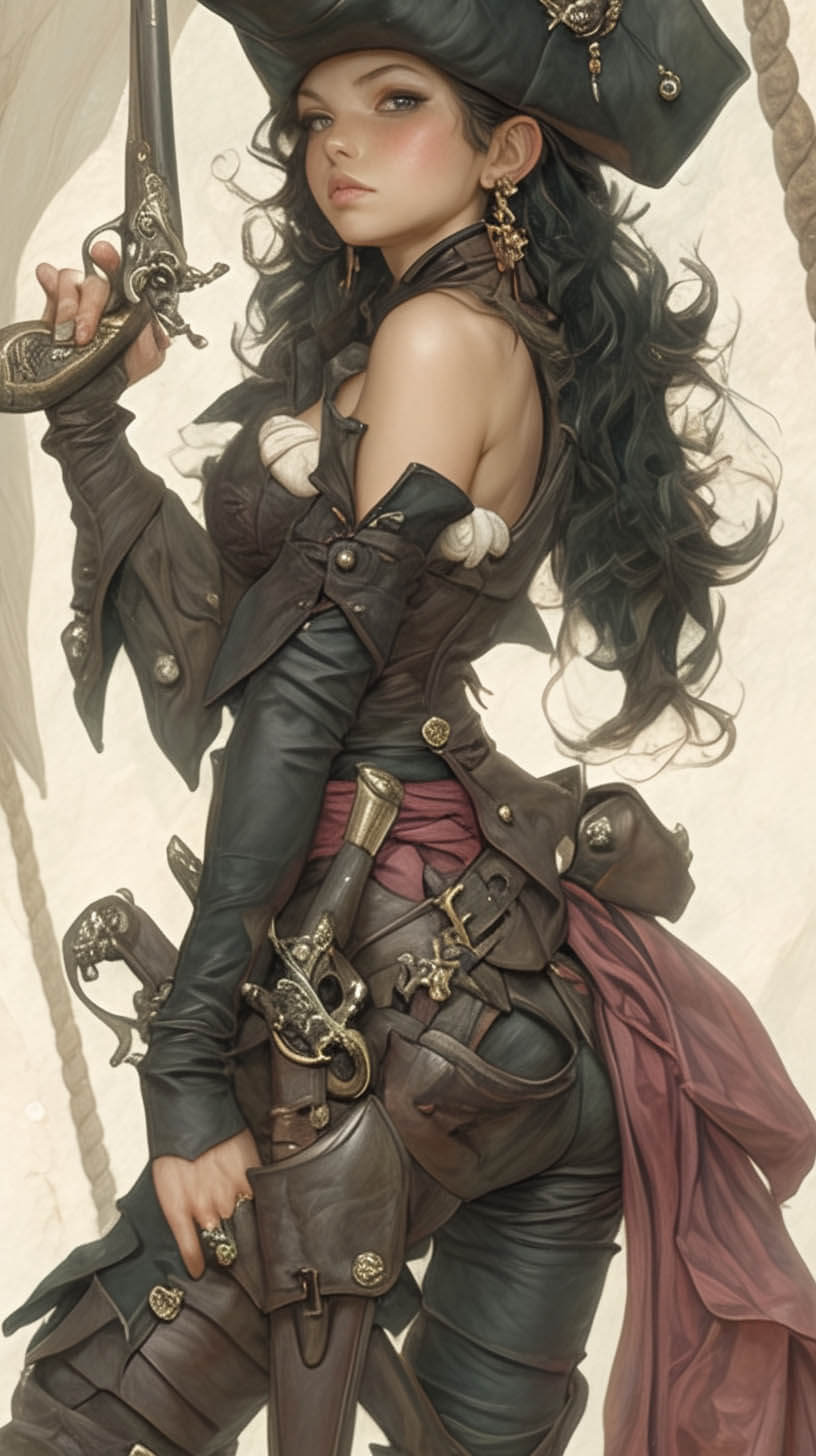A stylized, full-body illustration of a young woman dressed as a pirate. She has dark, flowing hair, wears a tricorn hat, and holds a decorative pistol. Her attire is richly detailed with belts, buckles, and other pirate accessories.