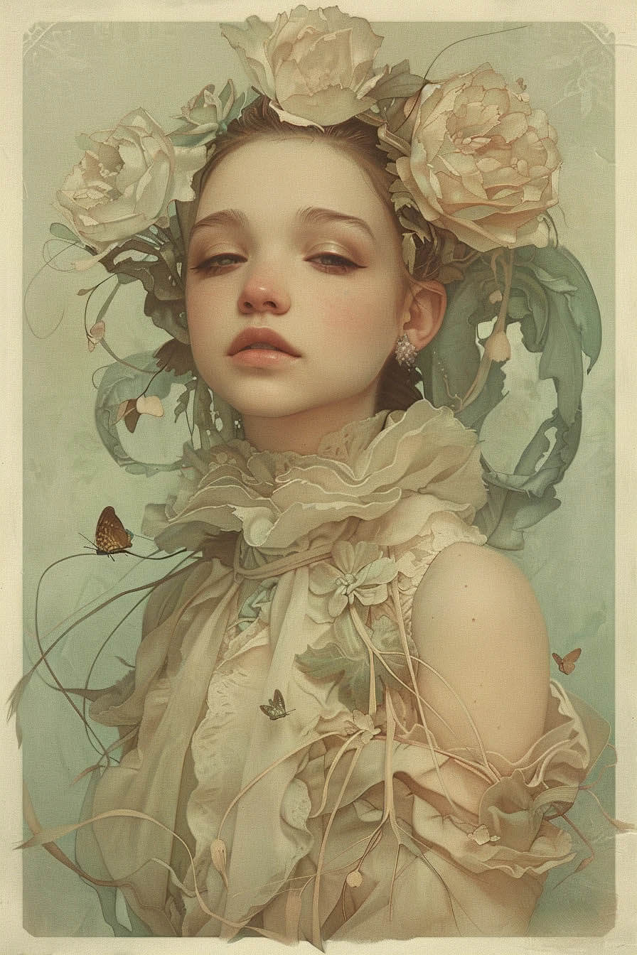 A delicate, ethereal portrait of a young woman with a soft expression, surrounded by large, pale flowers and leaves. Her attire is flowing and elegant, and butterflies are seen around her, giving the image a dreamy, mythical feel.