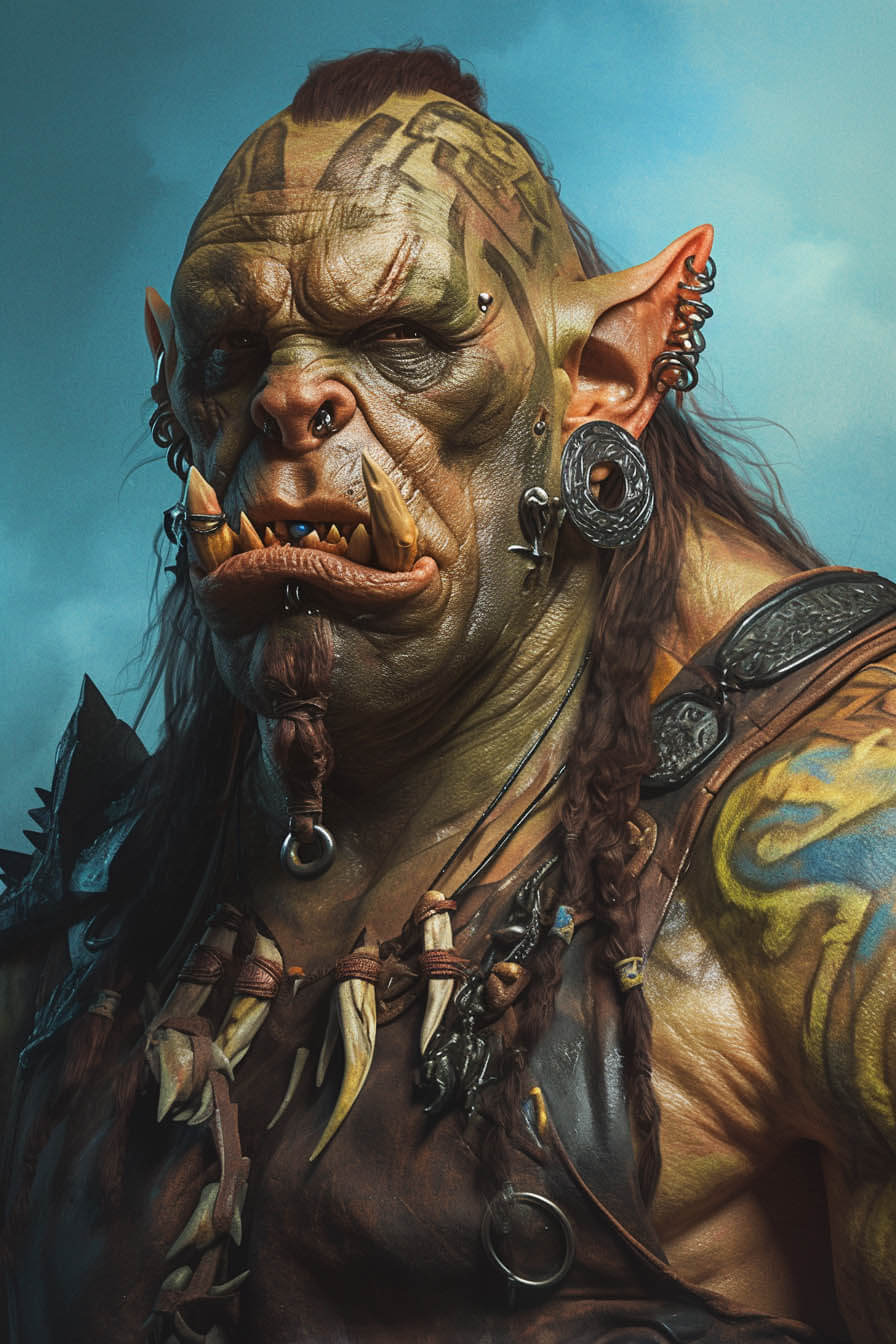 A close-up portrait of an orc-like creature with pronounced tusks, tattoos, and piercings. The character's expression is intense, with a mix of realistic and fantastical elements that create a menacing look.