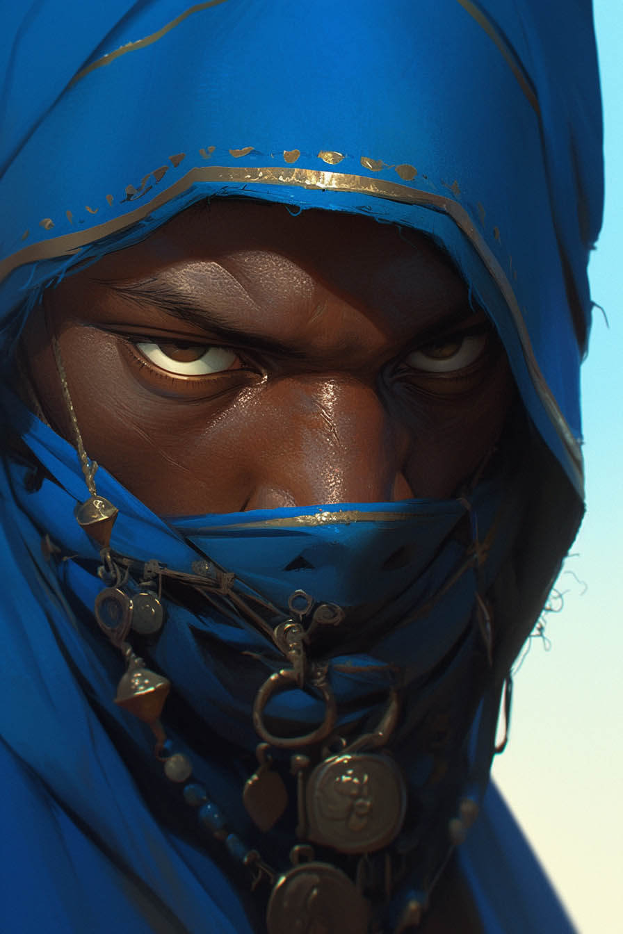 A striking image of a man with intense eyes, partially obscured by a rich blue veil adorned with small metallic decorations. The close-up shot highlights the mystery and power in his gaze.