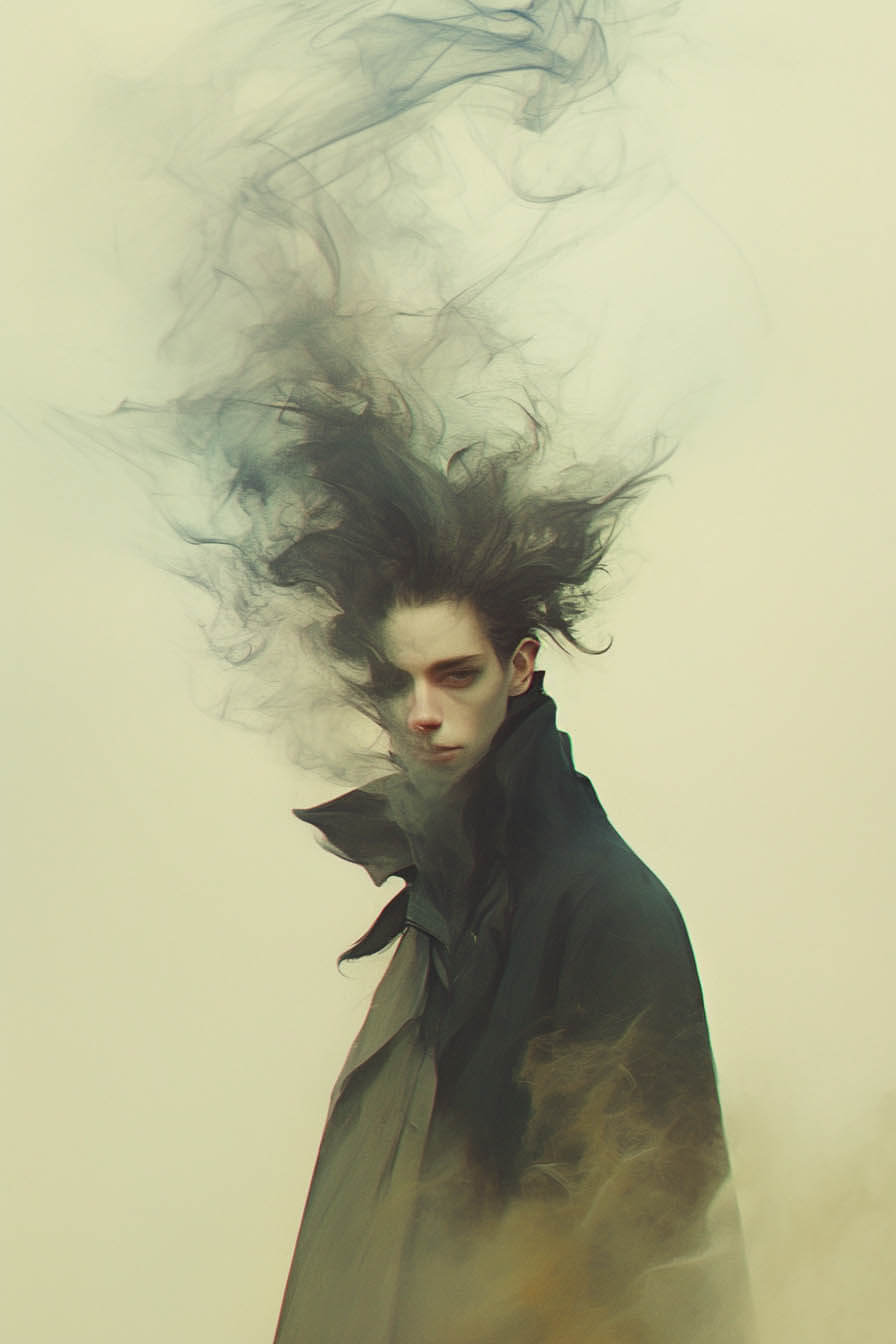 A surreal portrait of a young man with pale skin and dark, smoky hair that seems to dissolve into the air. His intense expression and the misty effect give the image a haunting, dreamlike quality.