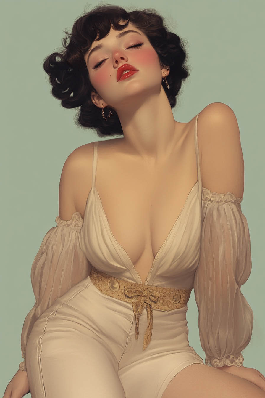 A glamorous, retro-inspired portrait of a woman in a fitted white outfit with soft curls and a classic red lip. Her eyes are closed, and her expression is serene, exuding vintage elegance and sensuality.