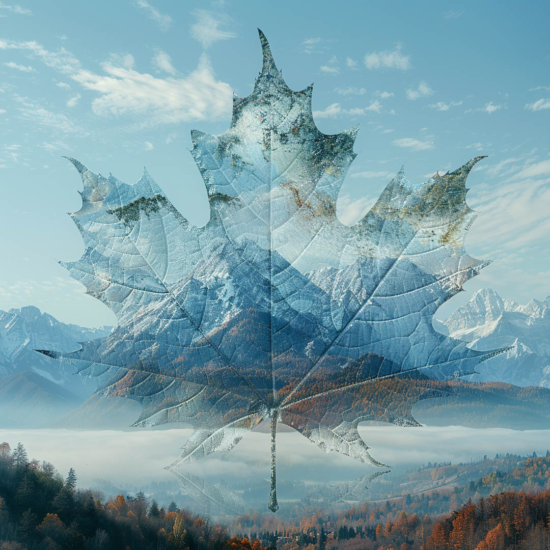 A leaf silhouette with mountain landscape, symbolizing Wren's connection to nature and her work's intricate layers