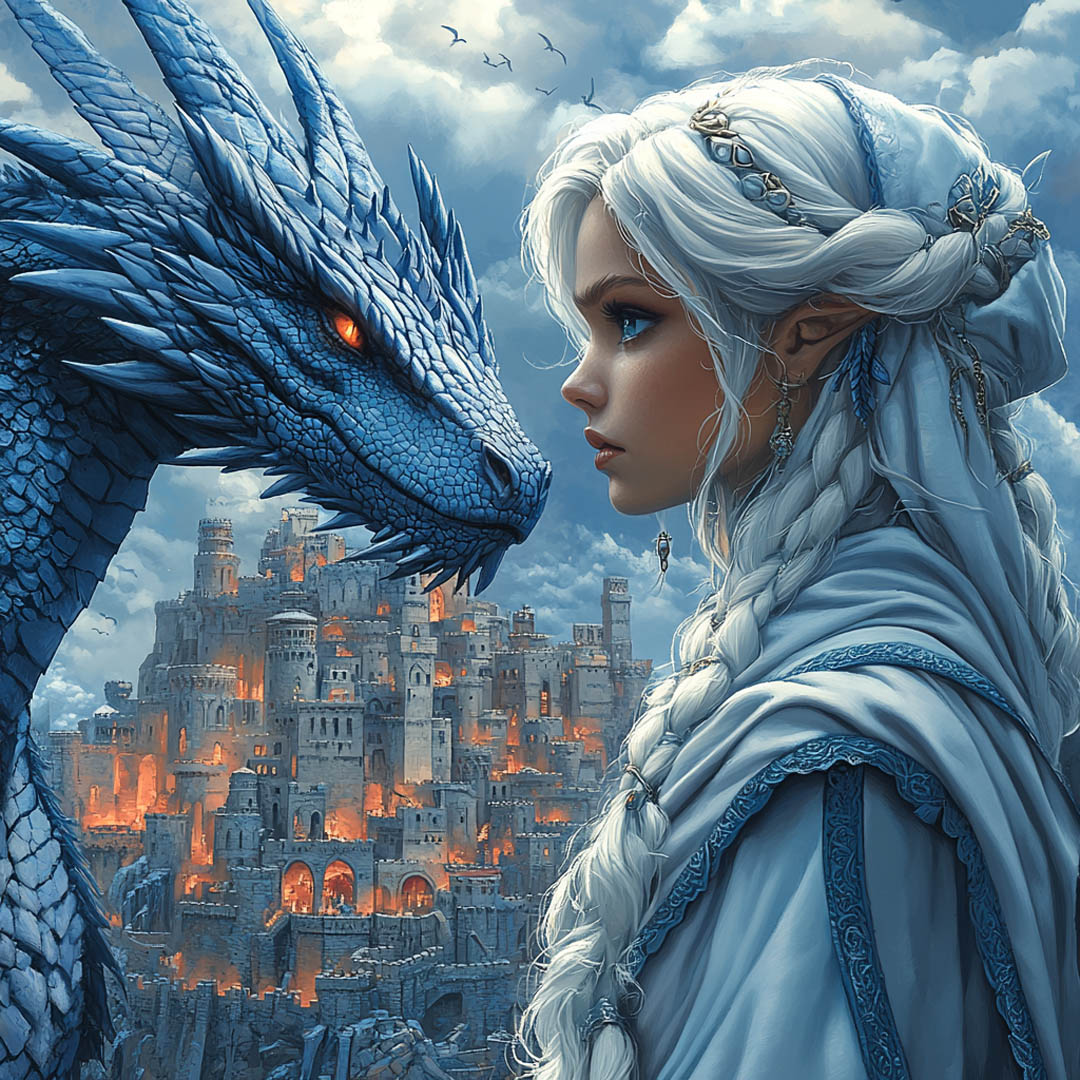 A blue dragon facing a woman, representing Wren's Blue Dragon story and her fascination with character-driven narratives