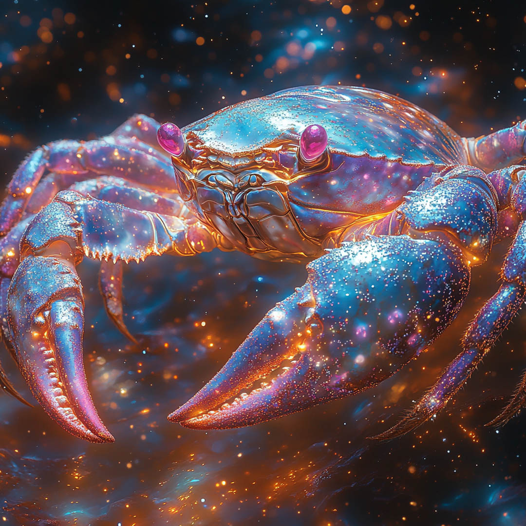 A vibrant crab in a cosmic setting, reflecting Wren's experimental nature and vivid imagination