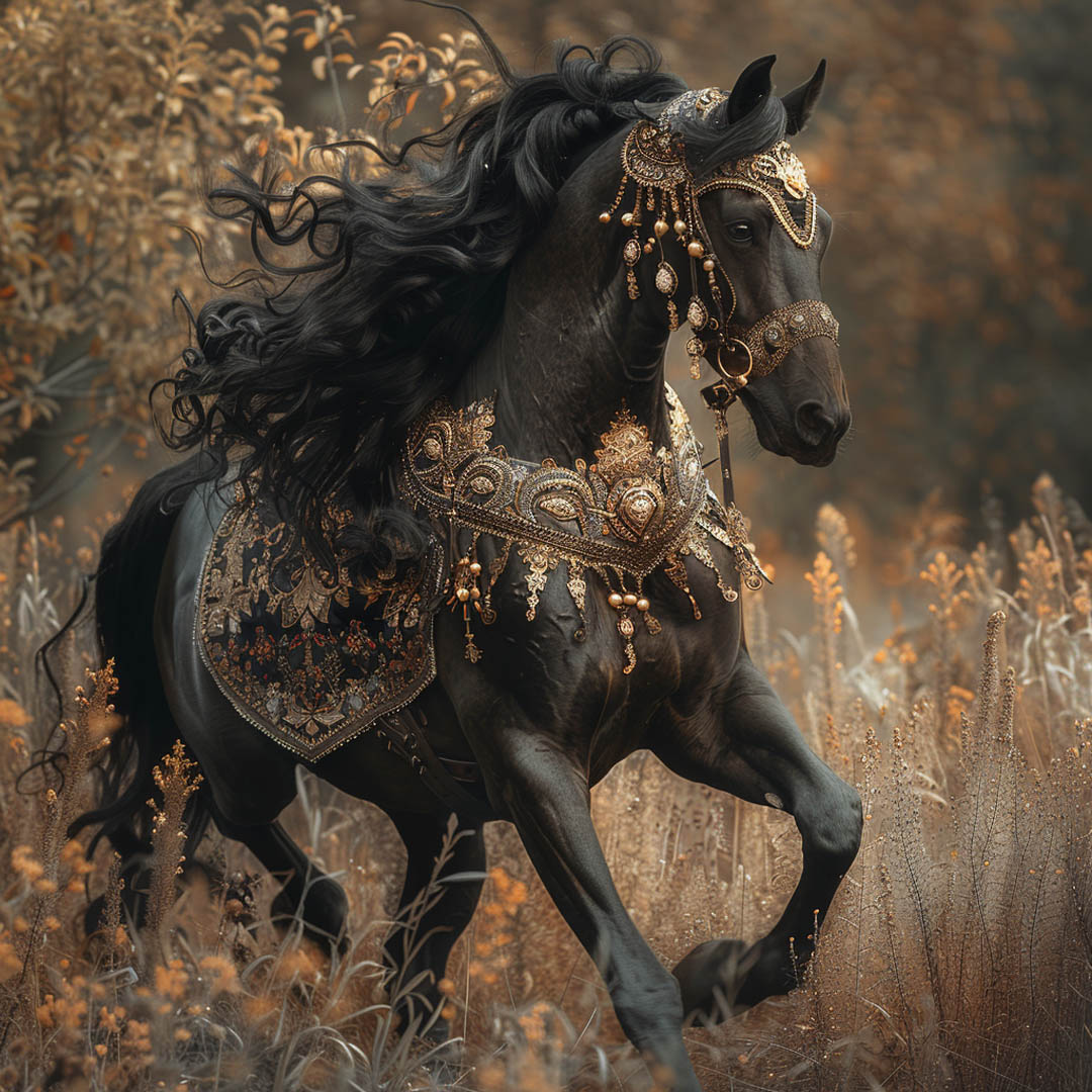 A black horse with ornate decorations, symbolizing Wren's love for detailed, story-rich imagery