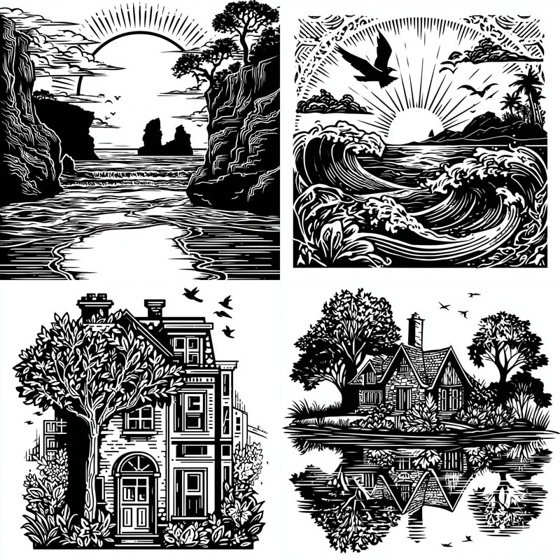 Monochrome Woodcut Engravings
