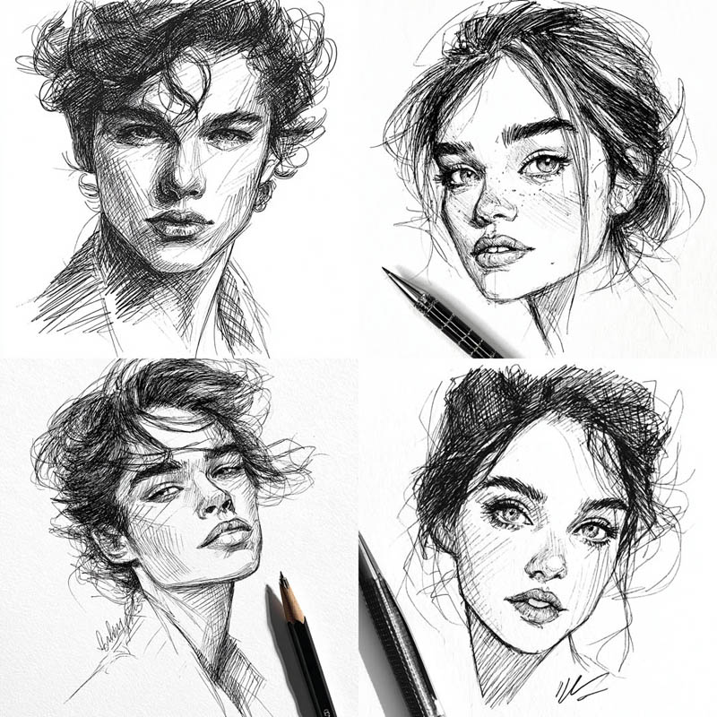Expressive Pen Scribble Portraits