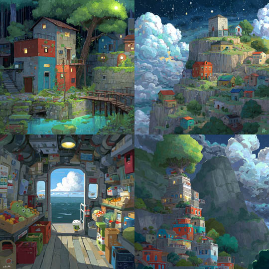 Whimsical Village Painting