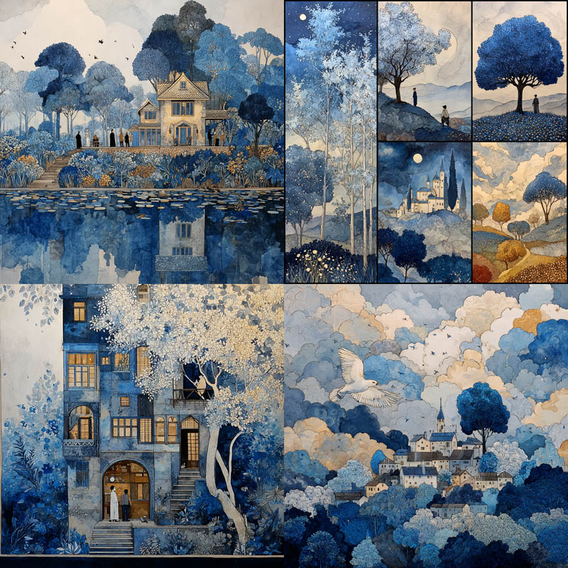 Monochrome Blue Watercolor Landscapes