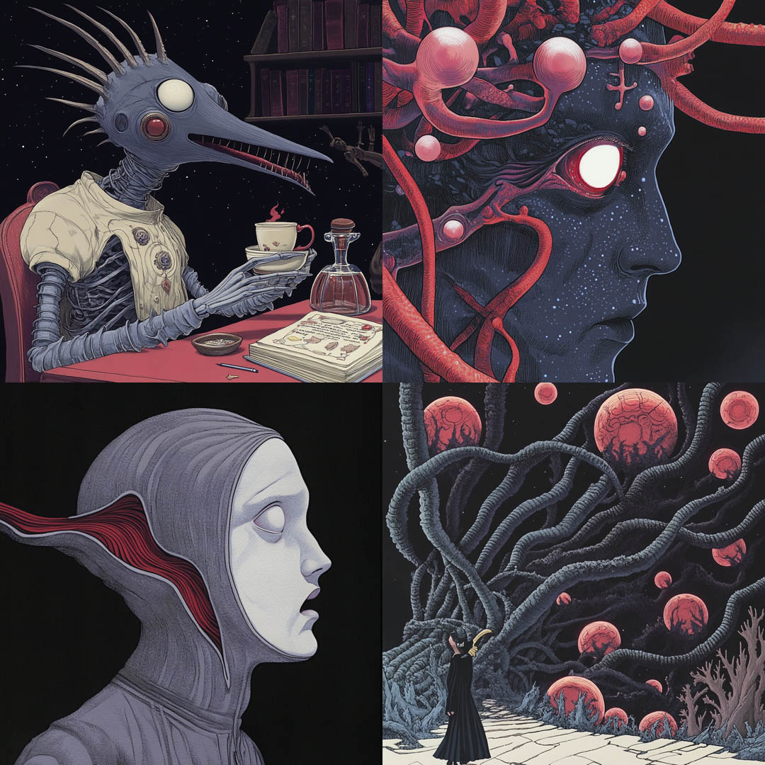 Muted Blue Black Red Strange Illustration