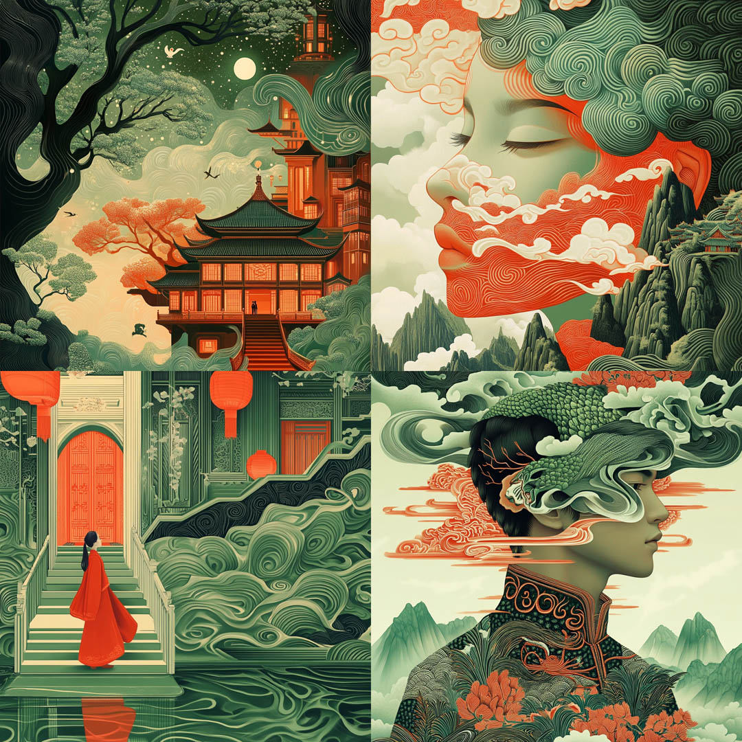 Asian Green and Orange Detailed Illustration